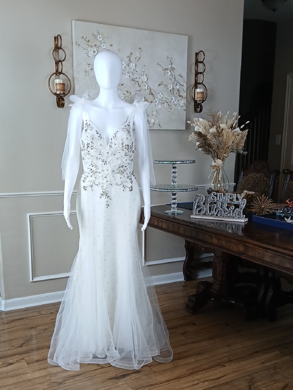 Mac Duggal White And Gold Crystals Tulle Bridal Mermaid Gown with Bow Straps - Picture 14 of 16